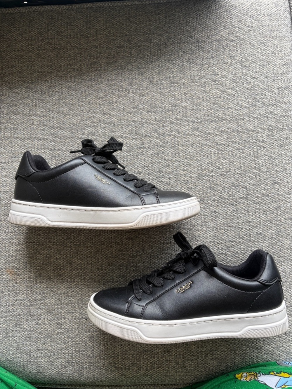 Coach WOMENS Black Leather Platform-Style Sneakers with White Sole